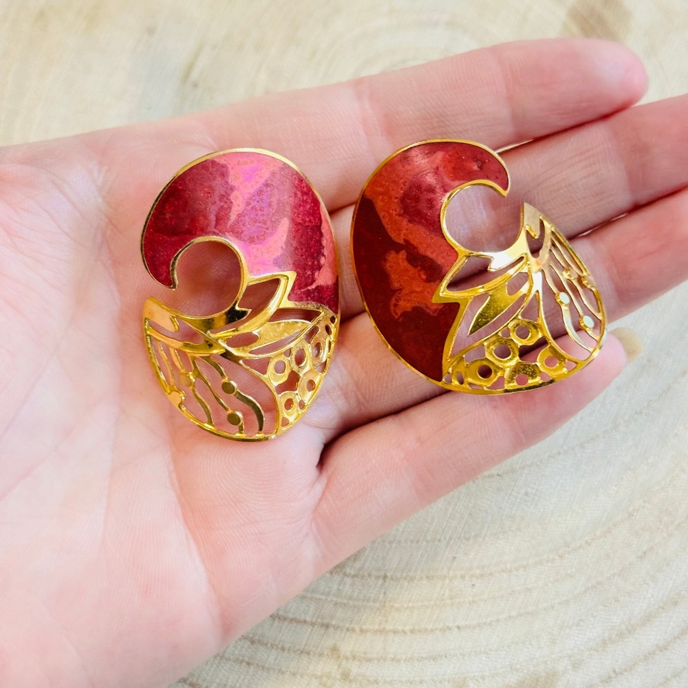 VTG Edgar Berebi Gilt earrings enamel chunky pierced designer Burgundy gold‎ 90s